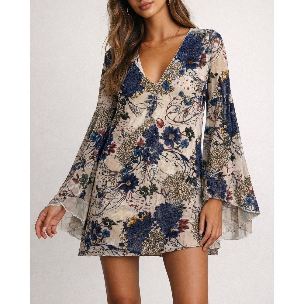 Line & Dot Velvet Burnout Floral Oriental Bell Sleeve Mini Dress Tunic Blue S